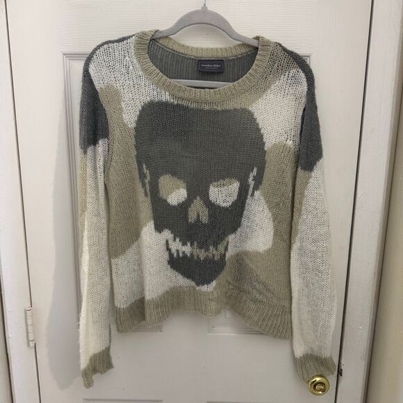 Wooden Ships Skull Motif Crewneck Open Knit Sweater Size XS Camouflage - Picture 2 of 5
